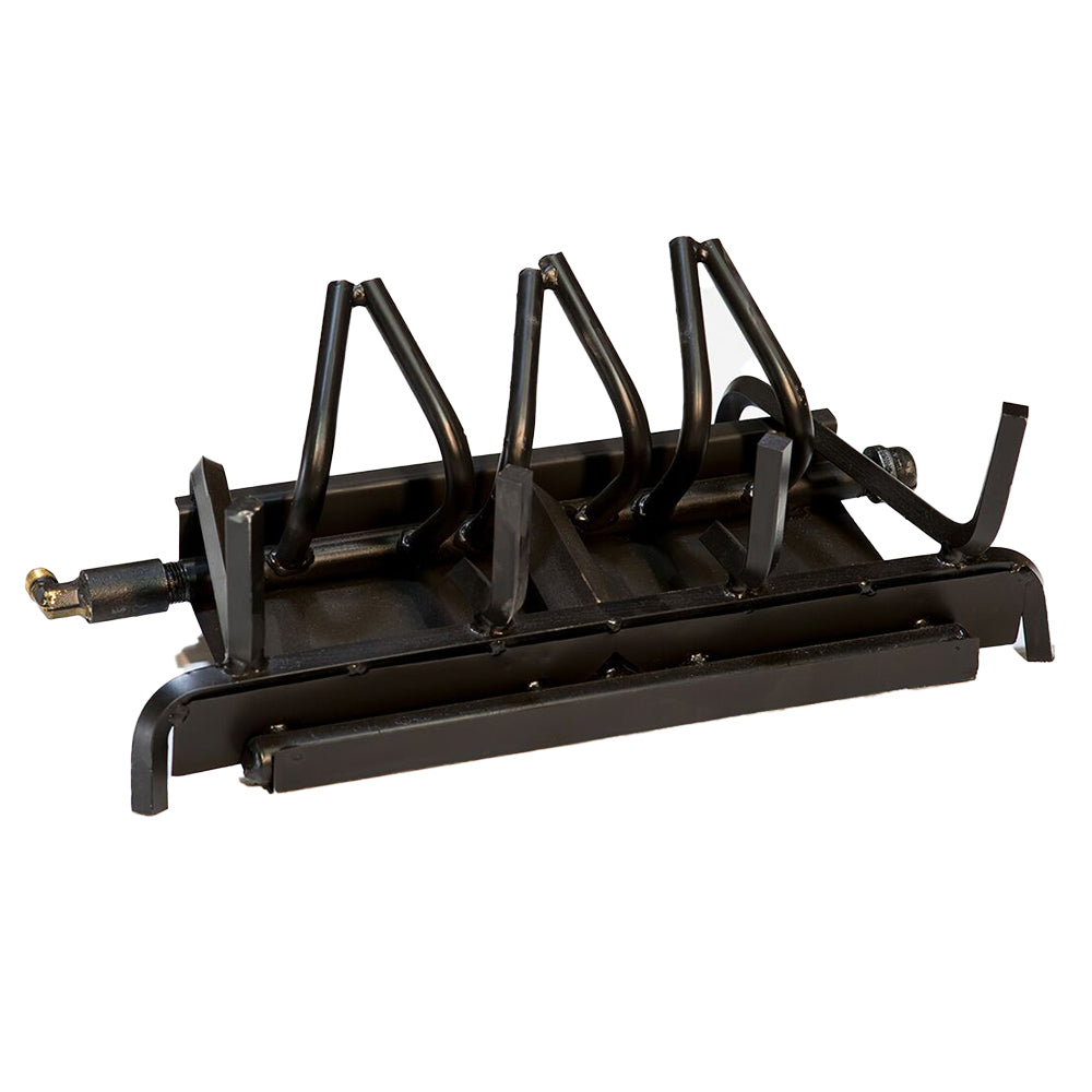 Black vented gas log burner base with multiple log supports and brass connector