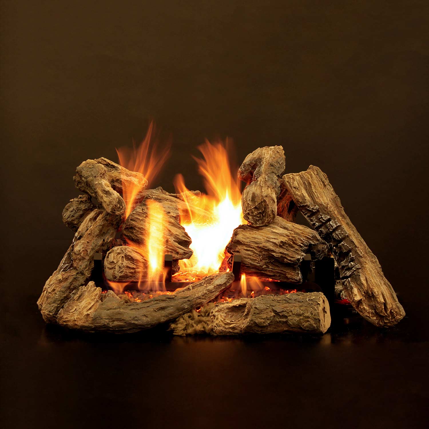Ceramic fiber gas logs with visible flames, stacked brown log pieces