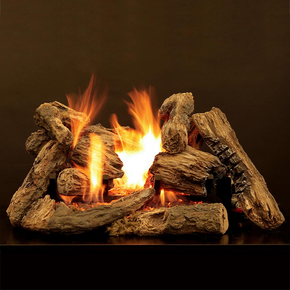 Burning fireplace logs with bright yellow-orange flames