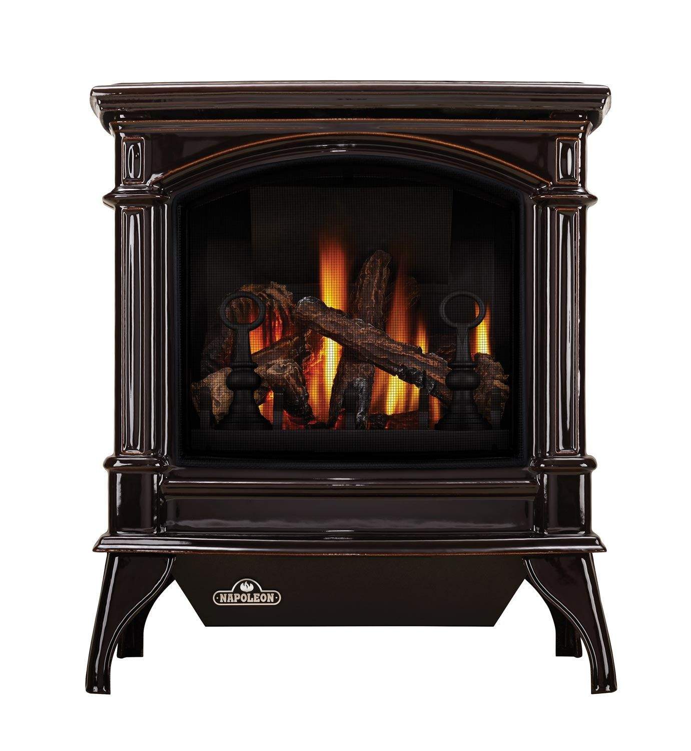 Dark cast iron gas stove with arched glass firebox and burning logs