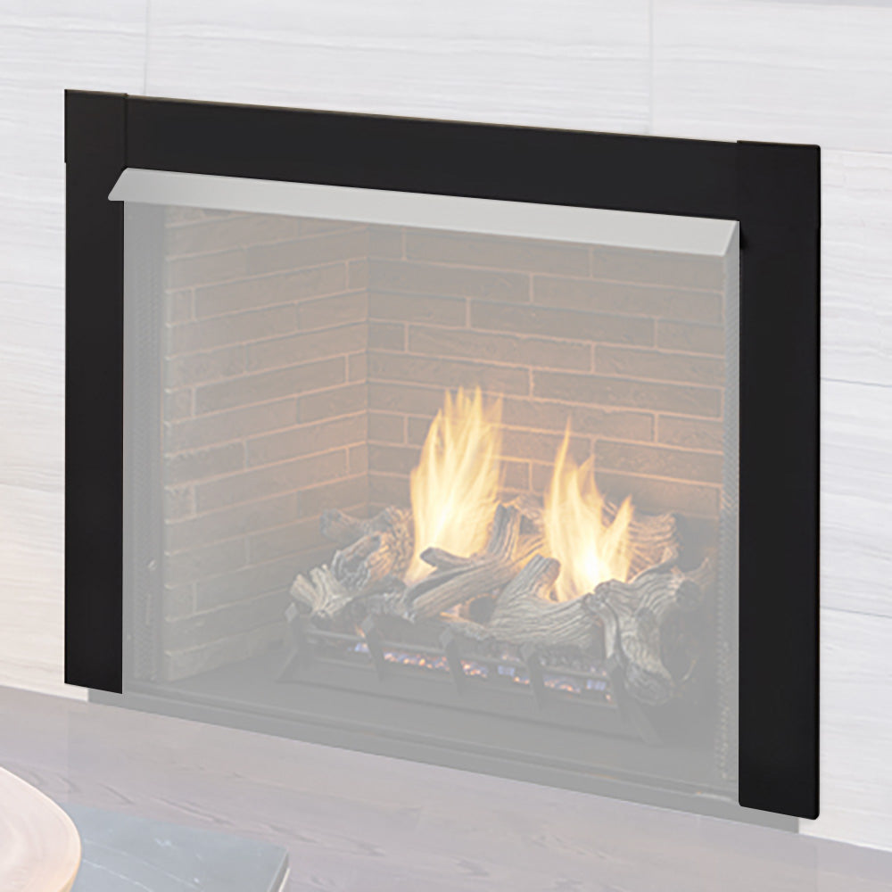 Black contemporary fireplace front with glass panel and flames visible