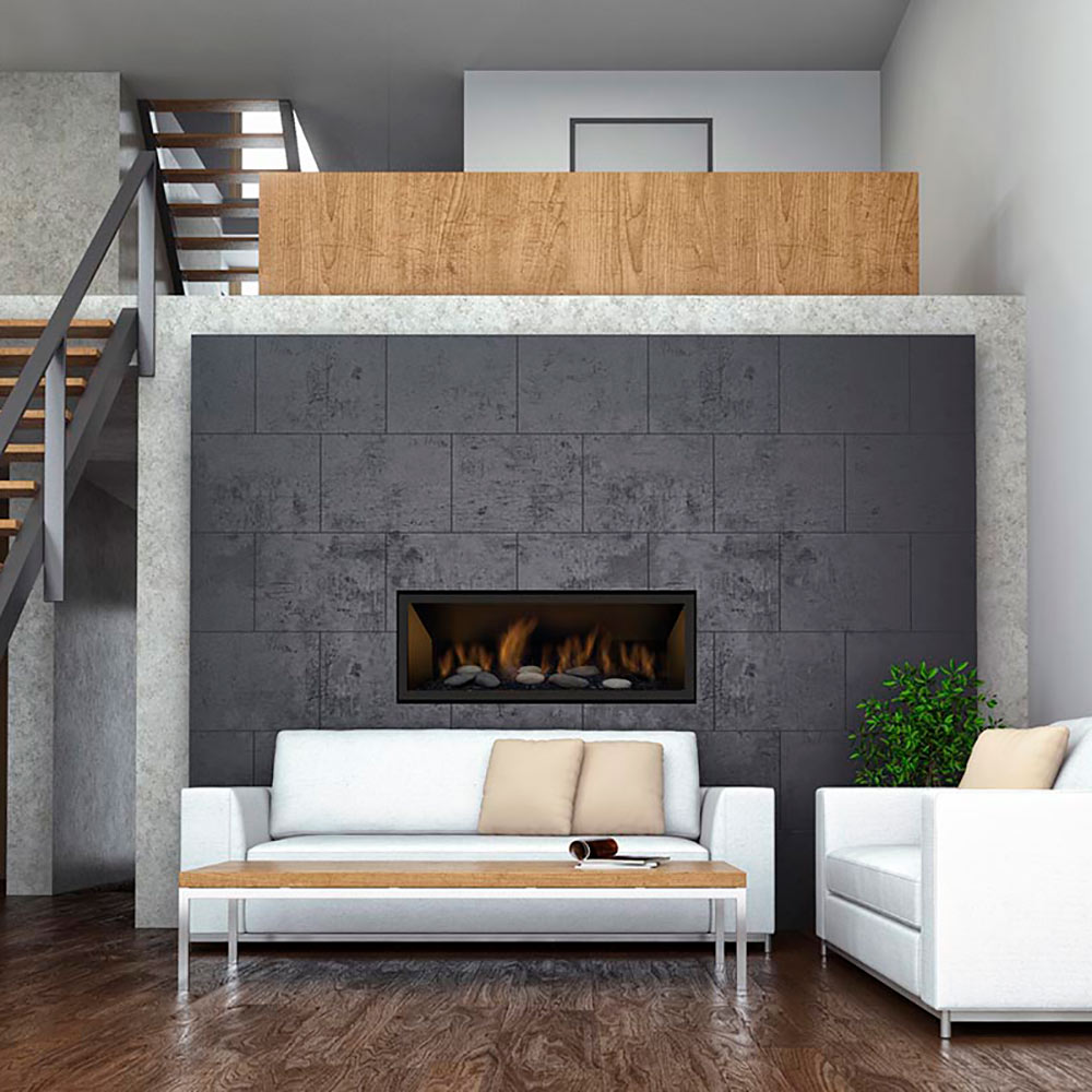 Built-in linear gas fireplace with glass opening and visible flames