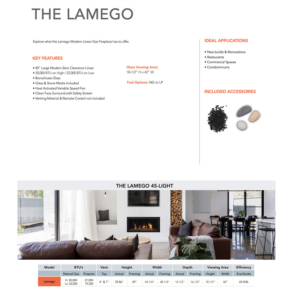 Linear gas fireplace in brochure view with fireglass and rock media