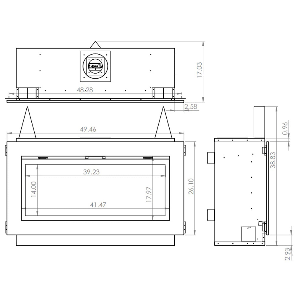 Built-in linear gas fireplace diagram with dimensions and venting details