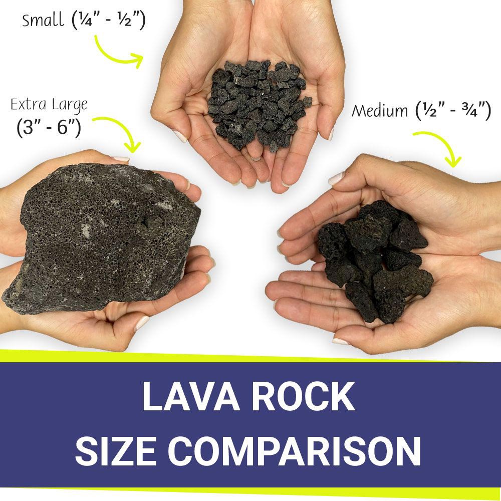 Mixed-size black lava rock shown in hands, small to larger chunks