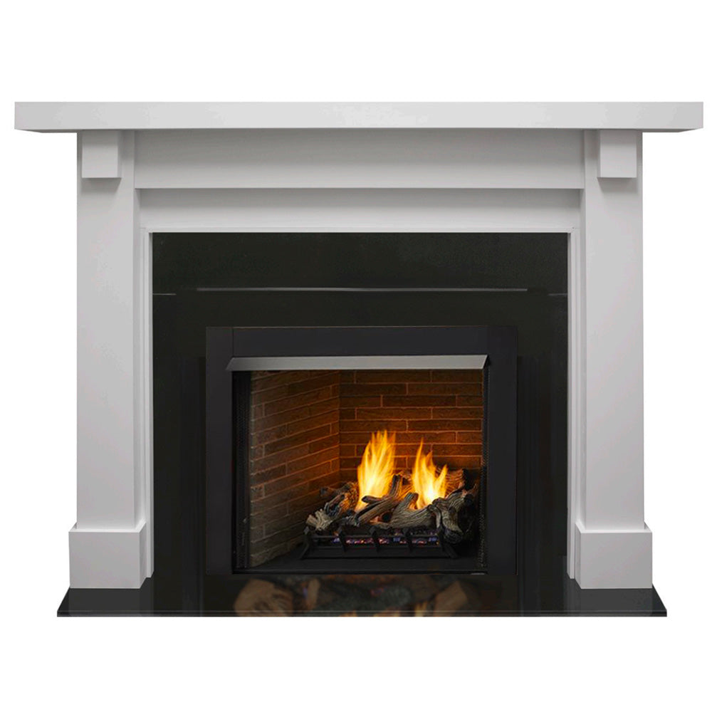 White fireplace mantel with black vent-free firebox, showing flames inside