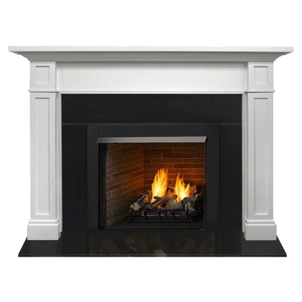 White wood fireplace mantel surround with black firebox and visible flames