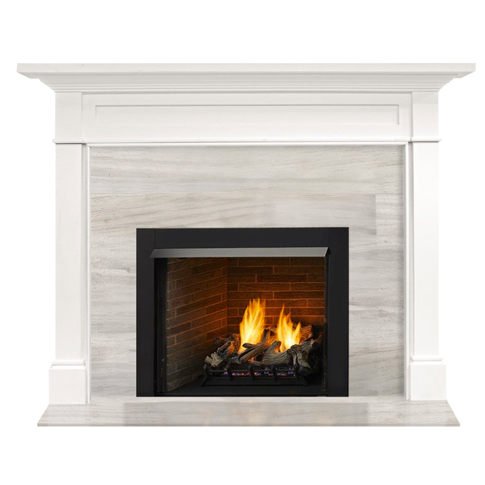 White Roxborough flush mantel with vent-free firebox, open flame and dark firebox surround