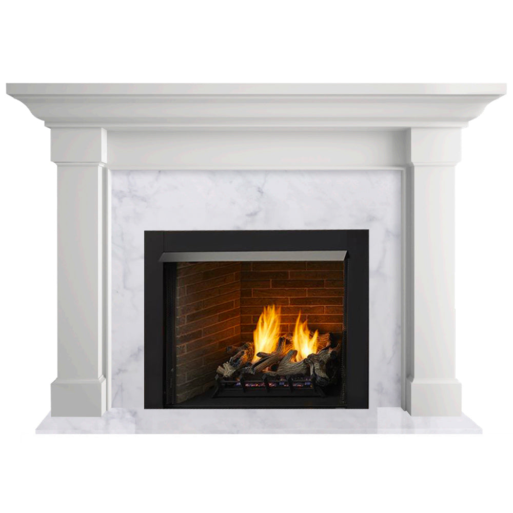 White vent-free fireplace mantel surround with black firebox and visible flames