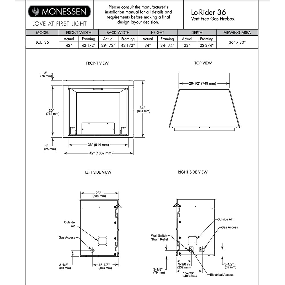 Gas firebox dimensions diagram with front, top, and side view measurements