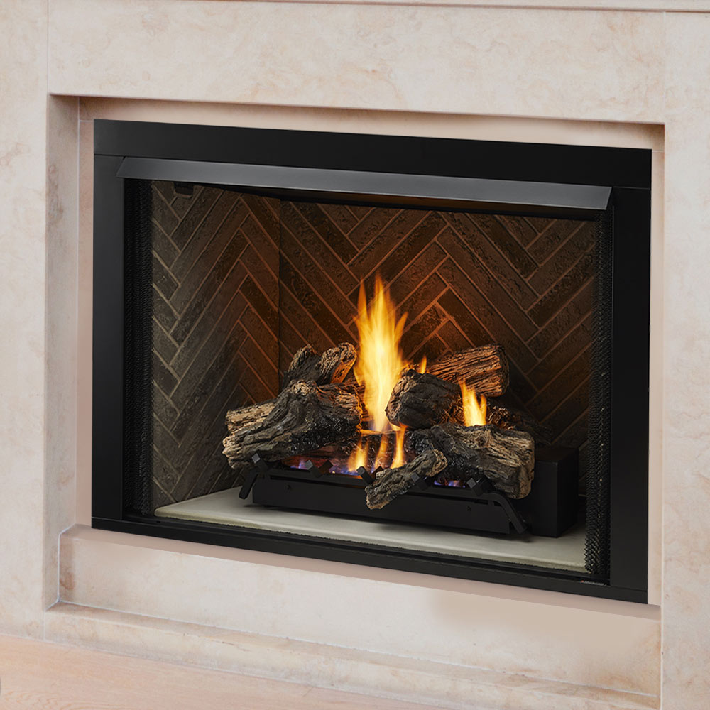 Black vent-free firebox with gas log set, burning flames over stacked logs