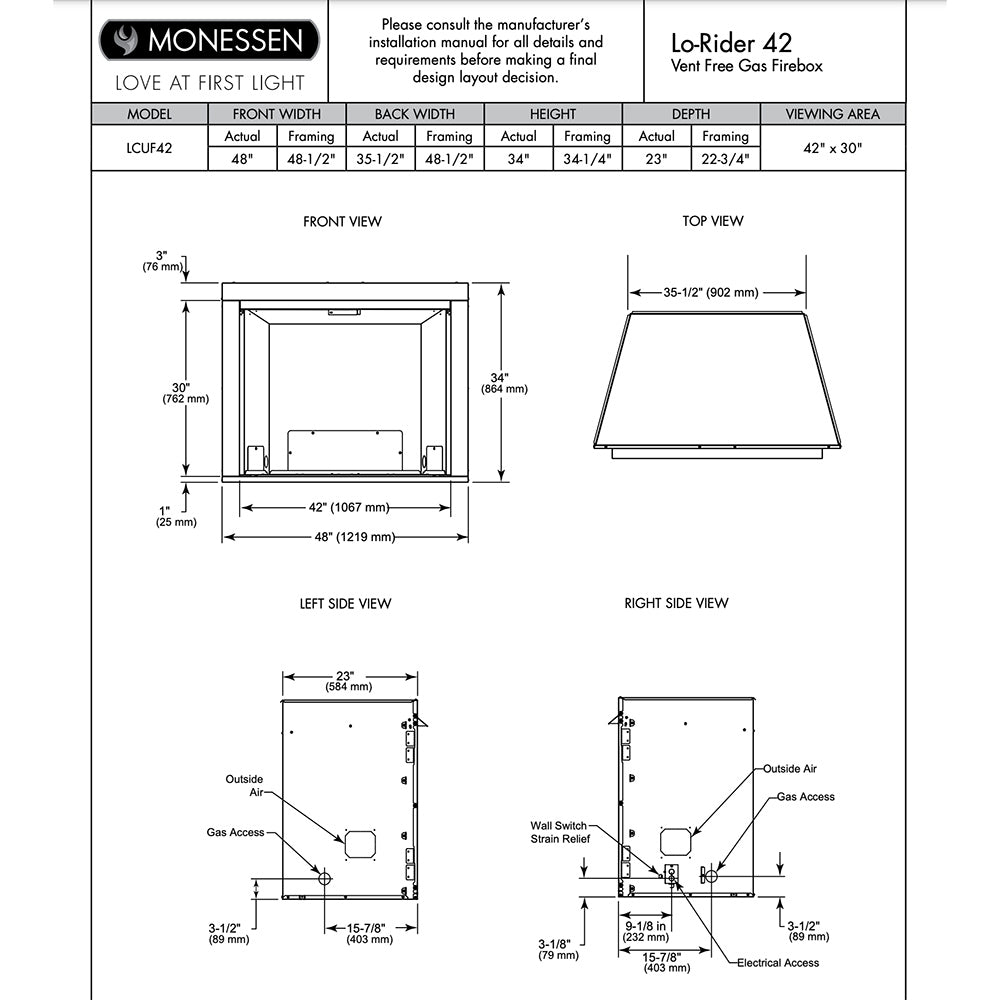 42-inch gas firebox dimension diagram with front, top, and side views plus measurements
