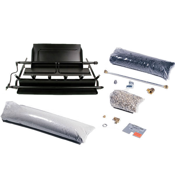 Multi-burner and grate kit with black burner tray, grates, and hardware components