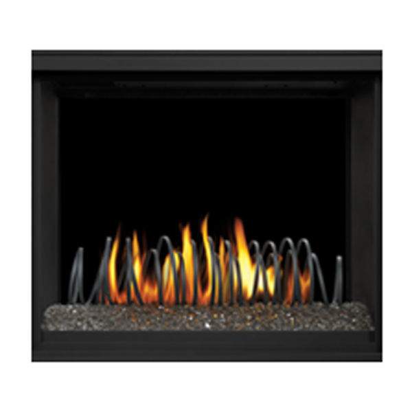 Black fireplace fire art insert with flickering flames and decorative embers