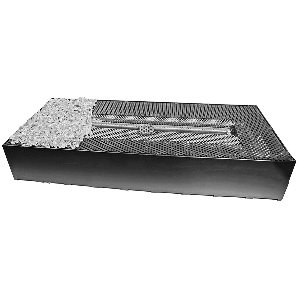 Black linear drop-in gas burner with vented grate and decorative rock tray
