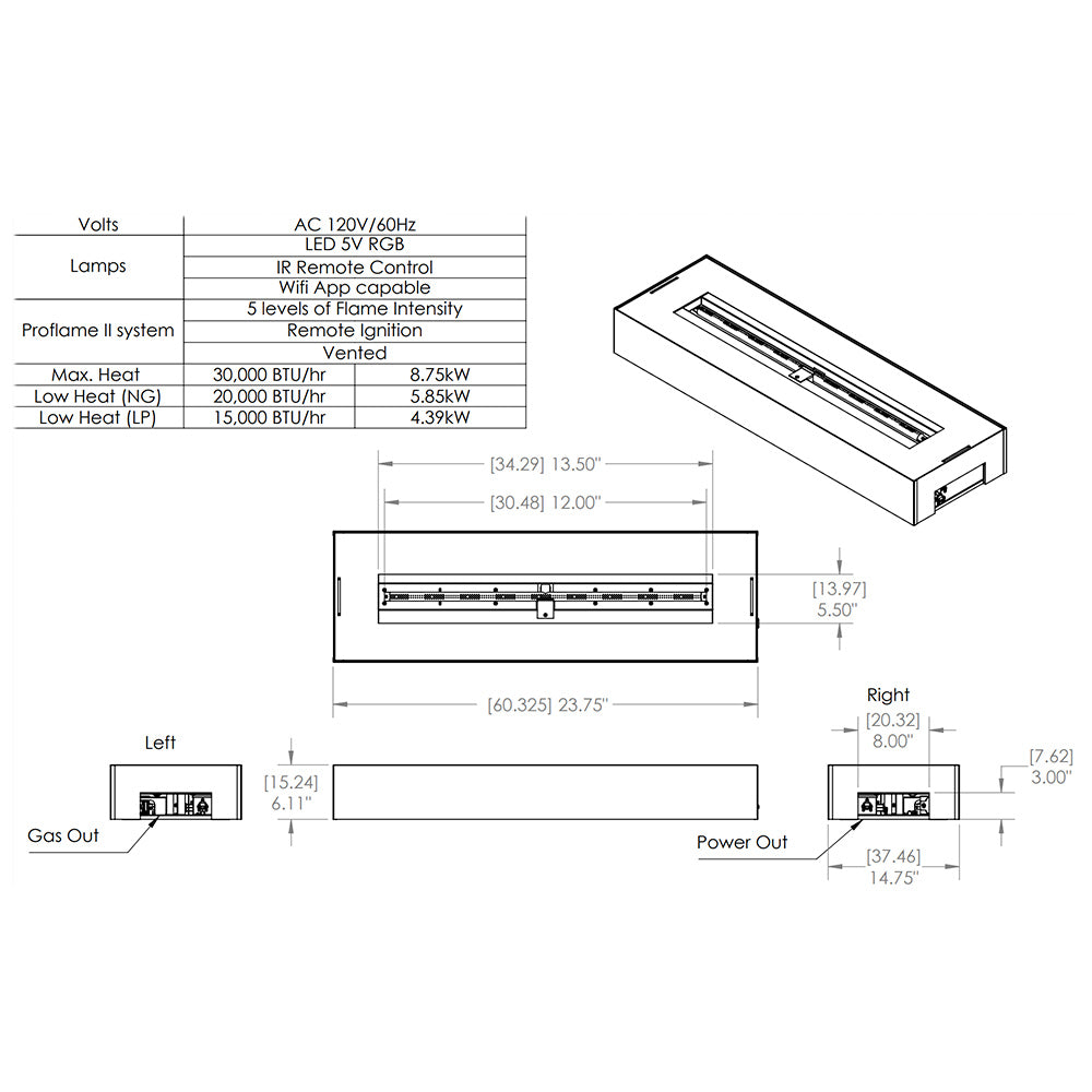 Vented linear gas burner technical diagram with dimensions and port locations