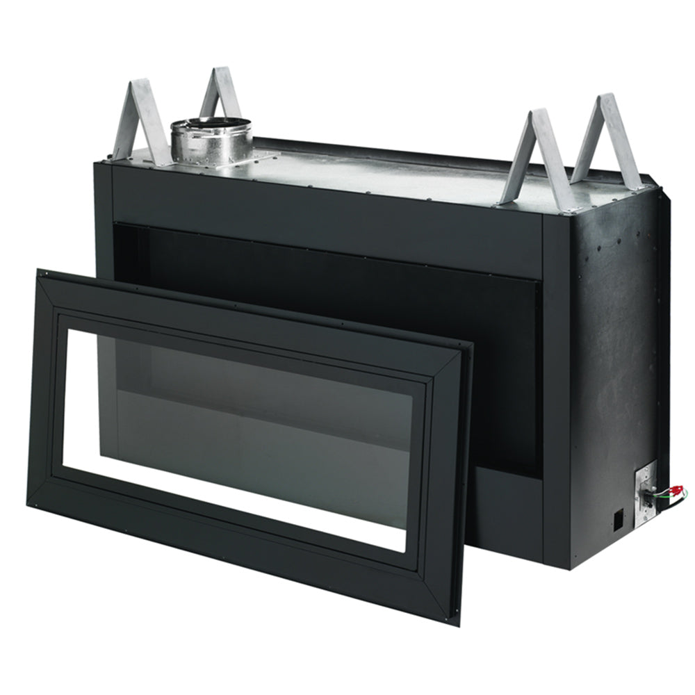 Linear see-through display kit with dark frame and clear viewing window, side mounts