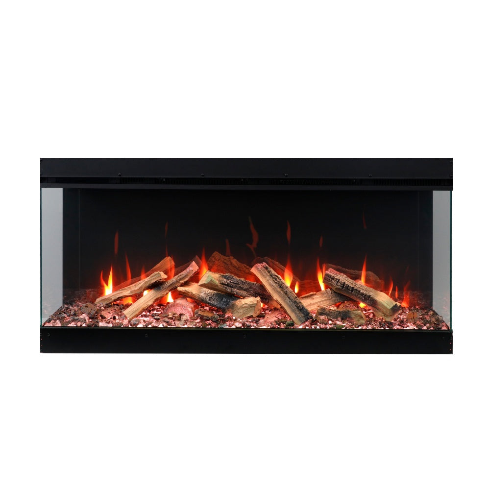 Built-in electric fireplace flame effect with log-style ember bed behind glass, black