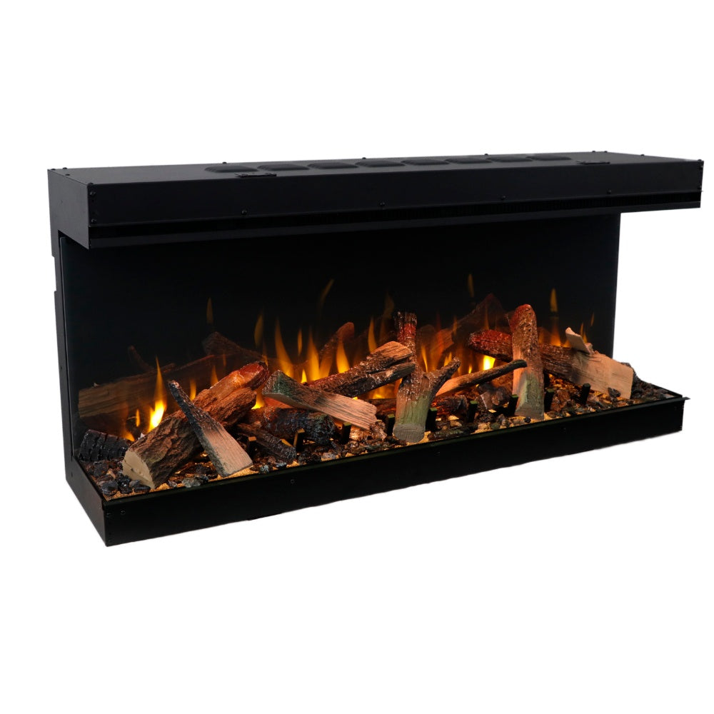 3-sided built-in electric fireplace with flame effect and log ember bed, black housing