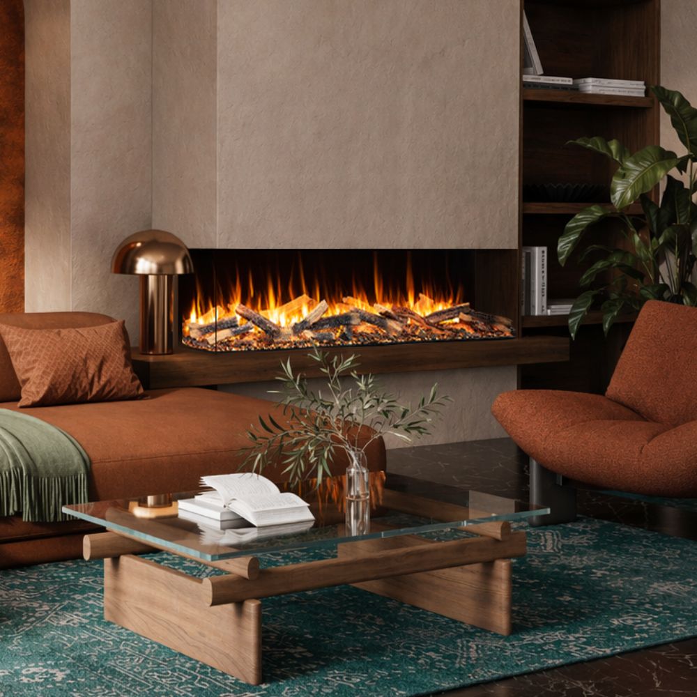 Built-in electric fireplace with flames and log-style ember bed in a wall niche