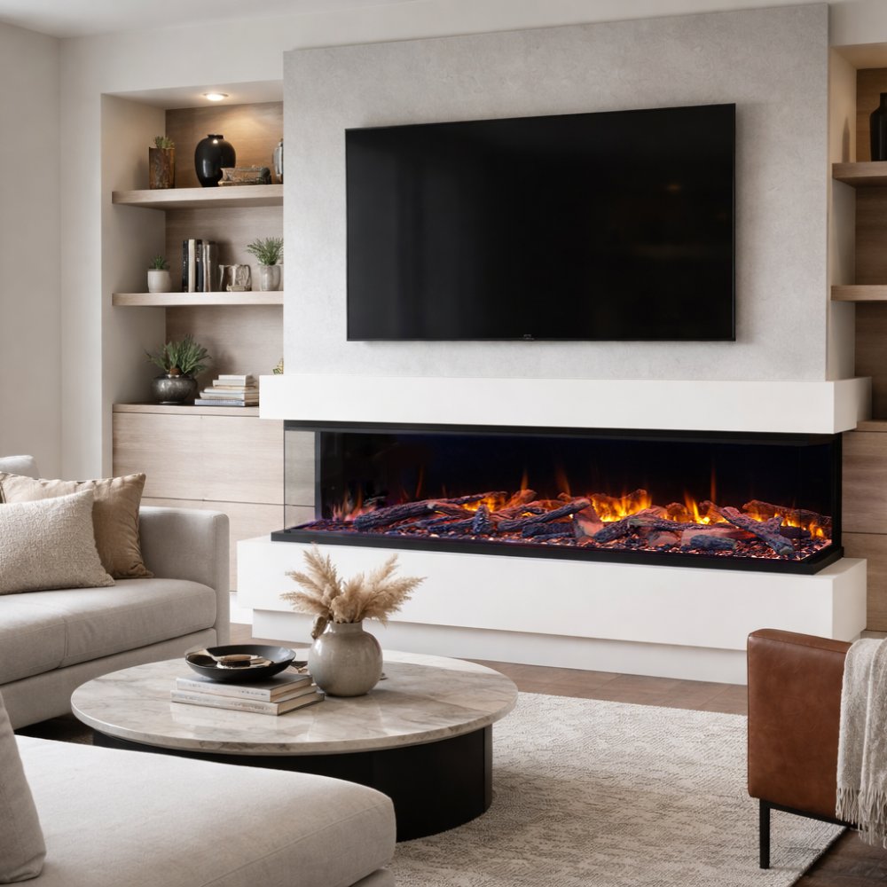 Amantii LumaForest built-in smart electric fireplace with black glass and glowing flame bed