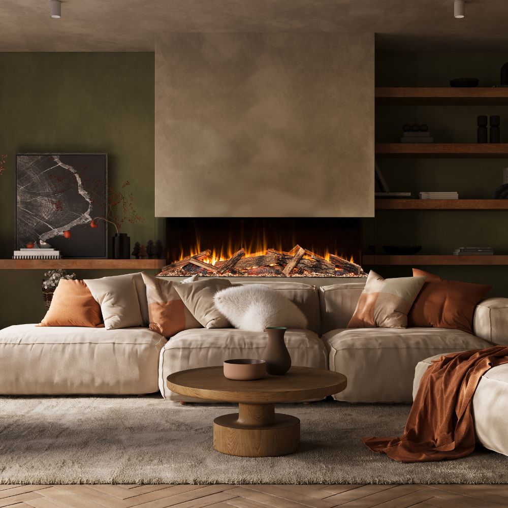 Built-in electric fireplace with flame display installed in a wall niche
