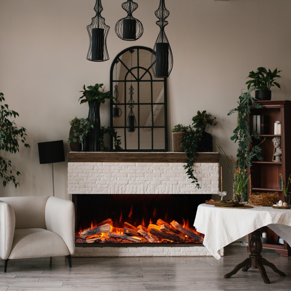 Electric fireplace insert with flame effect over logs and ember bed