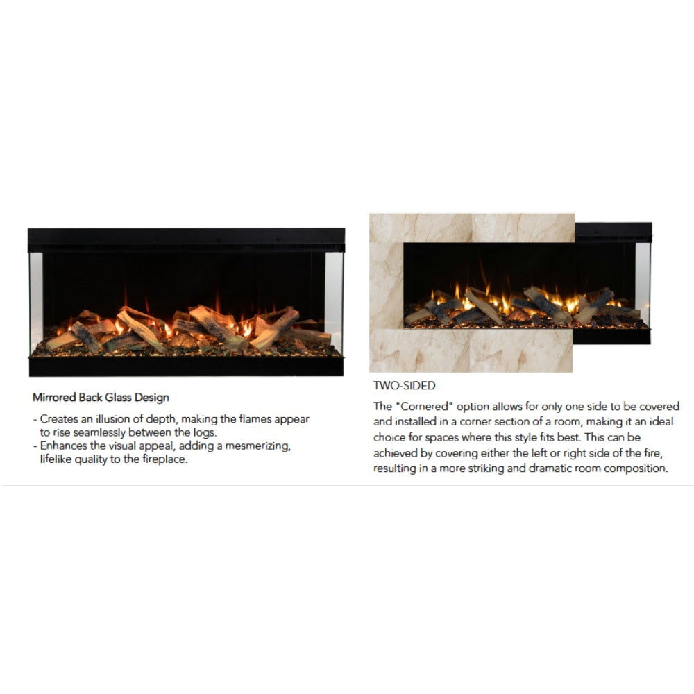 Built-in electric fireplace with mirrored back glass flame effect in wall opening