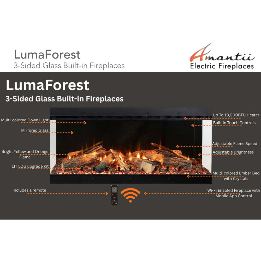 Built-in electric fireplace display with glowing flames over log-style ember bed