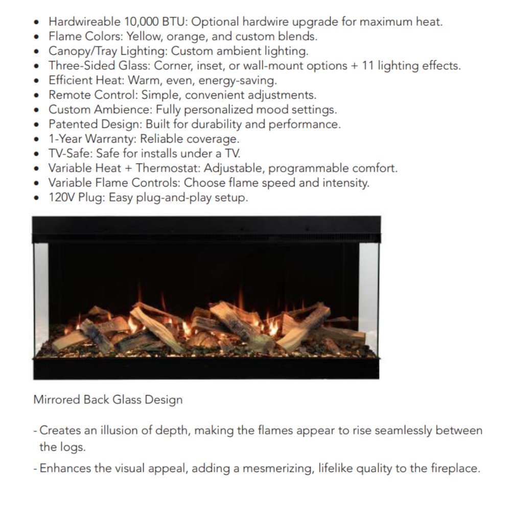 Built-in electric fireplace with mirrored back glass and flame effect over logs