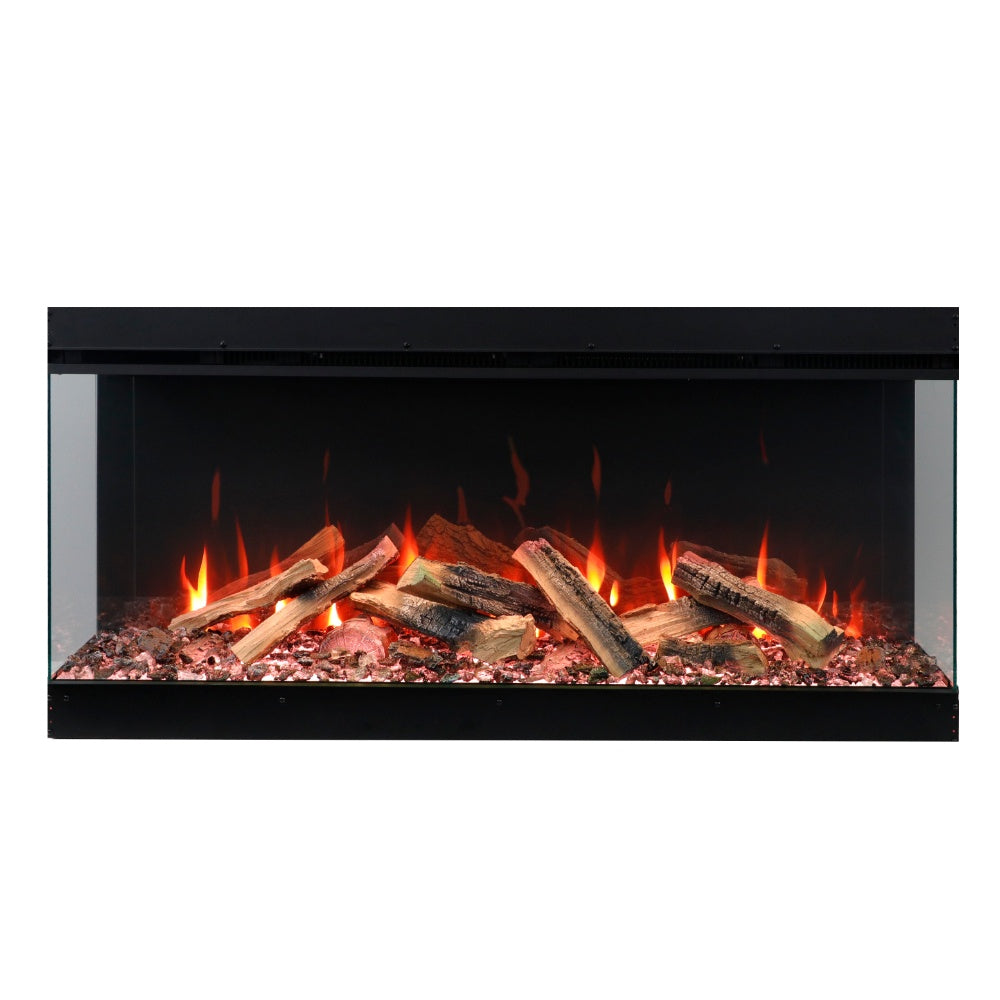 Built-in electric fireplace with bright flames over log-style ember bed, black frame