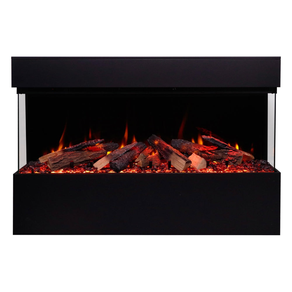 Black electric fireplace with orange flame effect and glowing logs inside