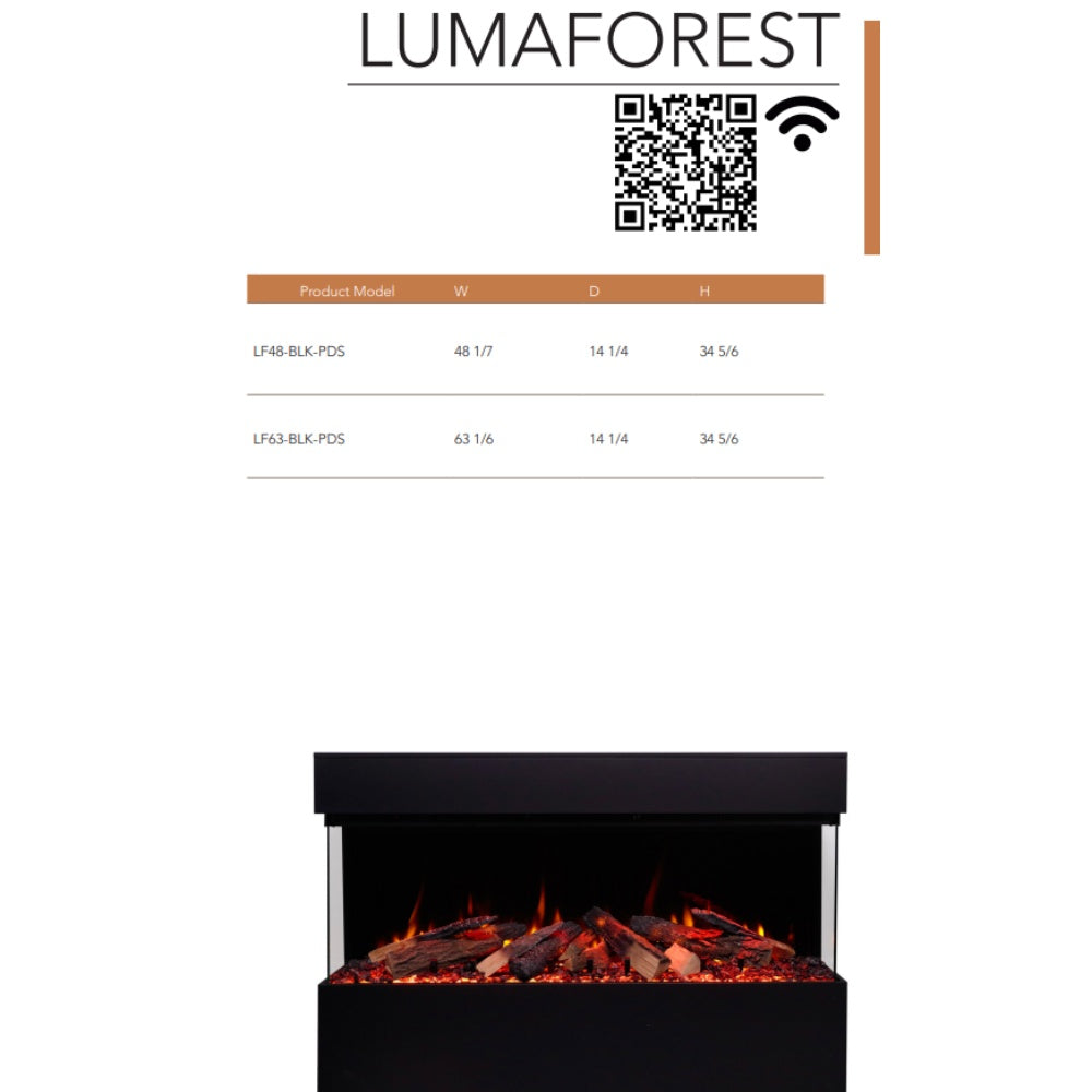 Black pedestal electric fireplace with glowing log bed and orange flame effect
