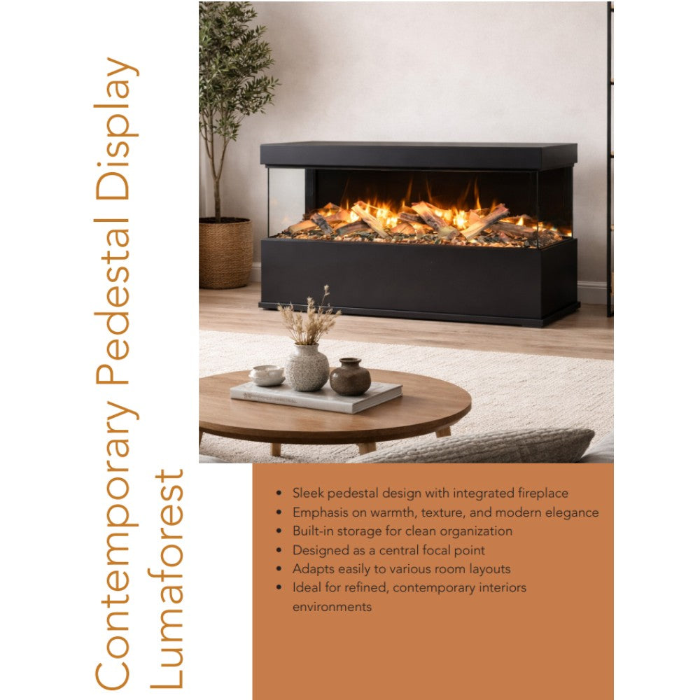 Black pedestal electric fireplace with glowing logs and orange flame effect