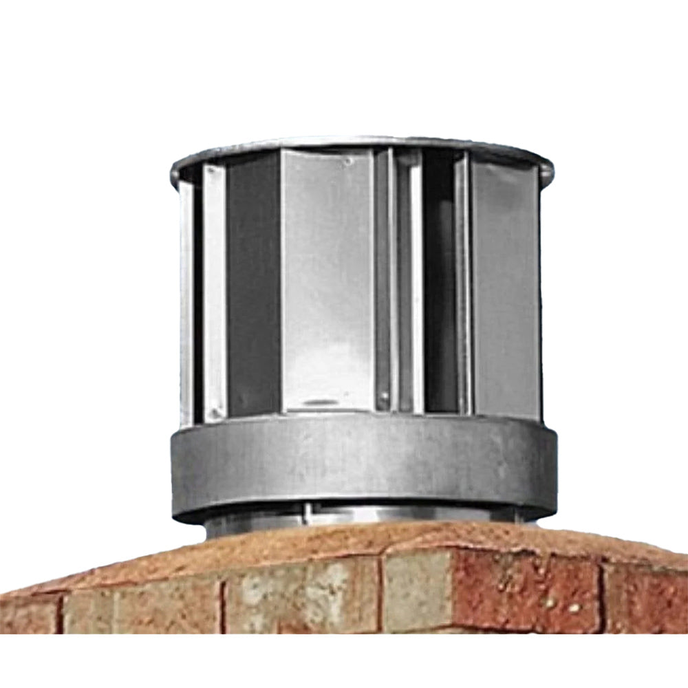 Stainless steel direct vent termination cap with cylindrical collar on a chimney top