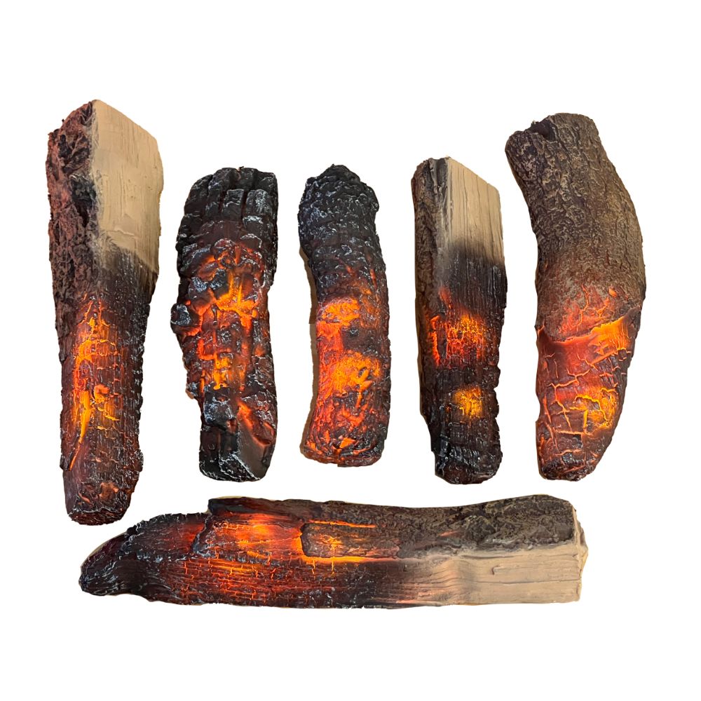 6-piece faux fire logs with orange LED glow, 5 upright and 1 horizontal log