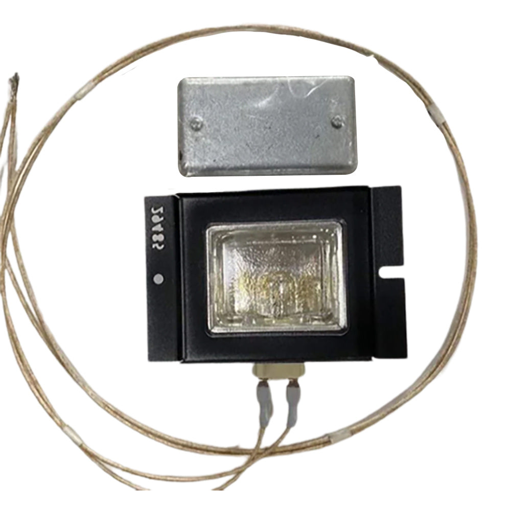 Outdoor landscape lighting kit with black fixture, clear lens, and hanging wire lead