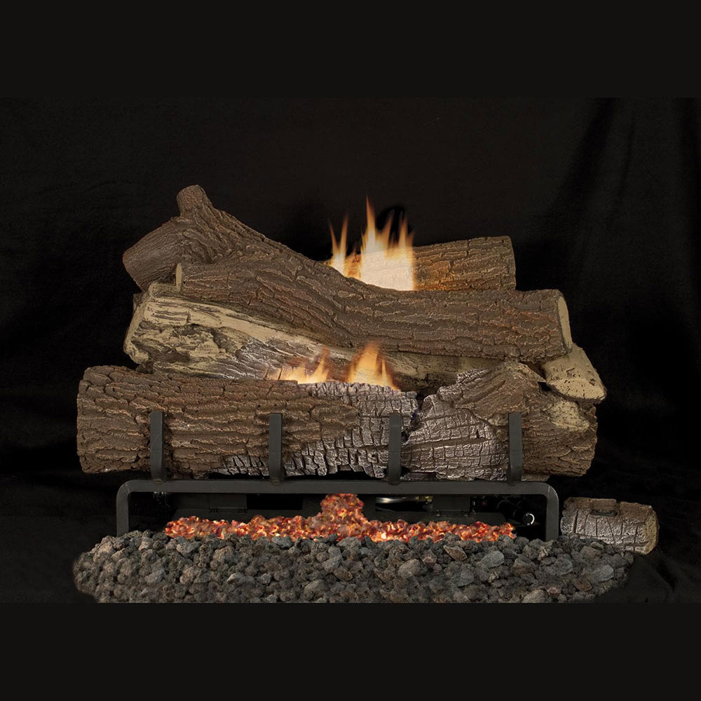 Vent-free gas log set with concrete timbers, flames, and glowing ember bed