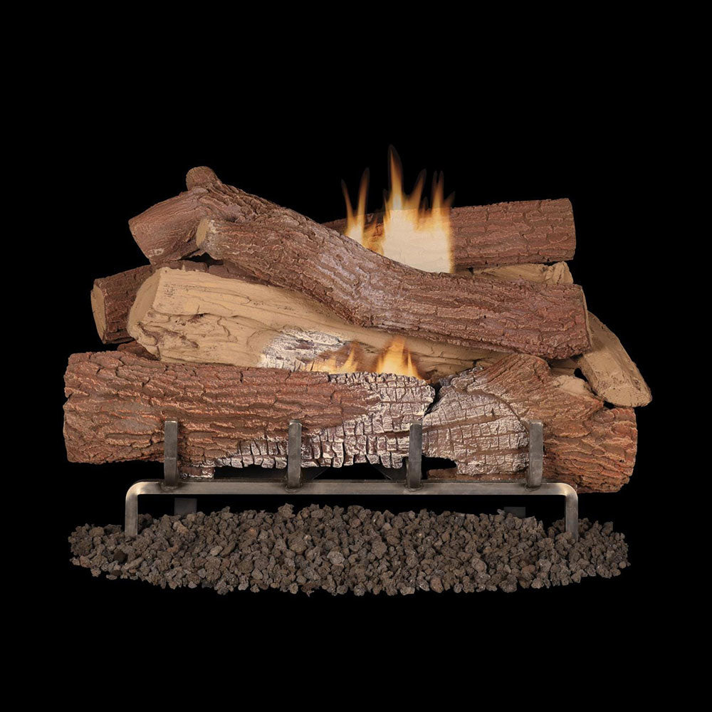 Outdoor gas log set with brown concrete timbers, visible flames, and ember bed