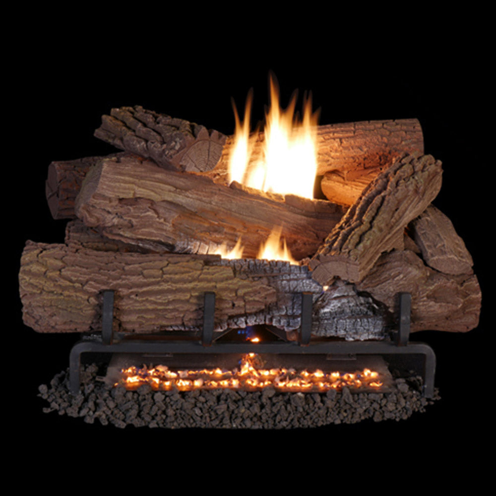 Vent-free gas log set with burning logs and glowing ember bed