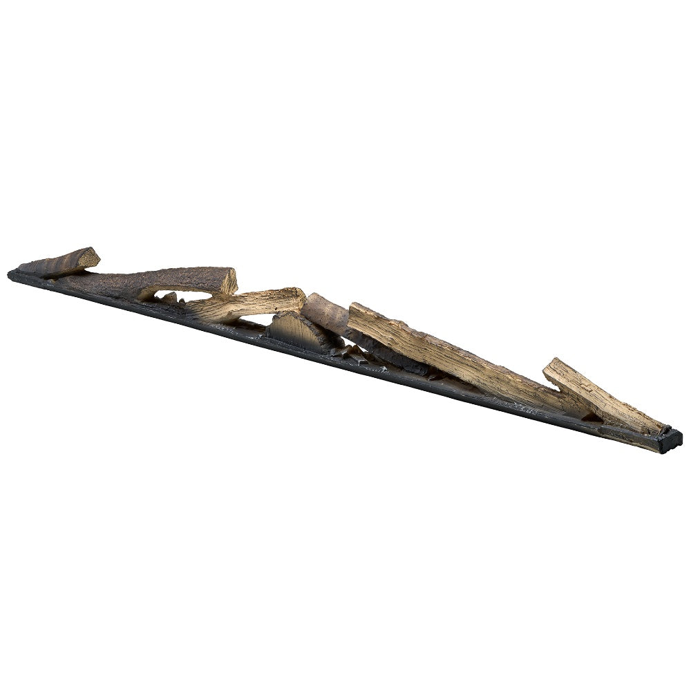 Linear faux wood logset on dark base, angled view of brown and gray log pieces
