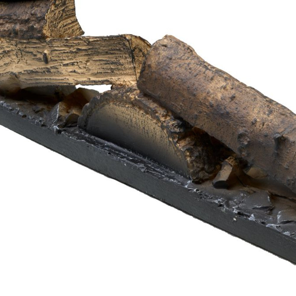 Close-up of faux logs on dark linear base with textured molded details