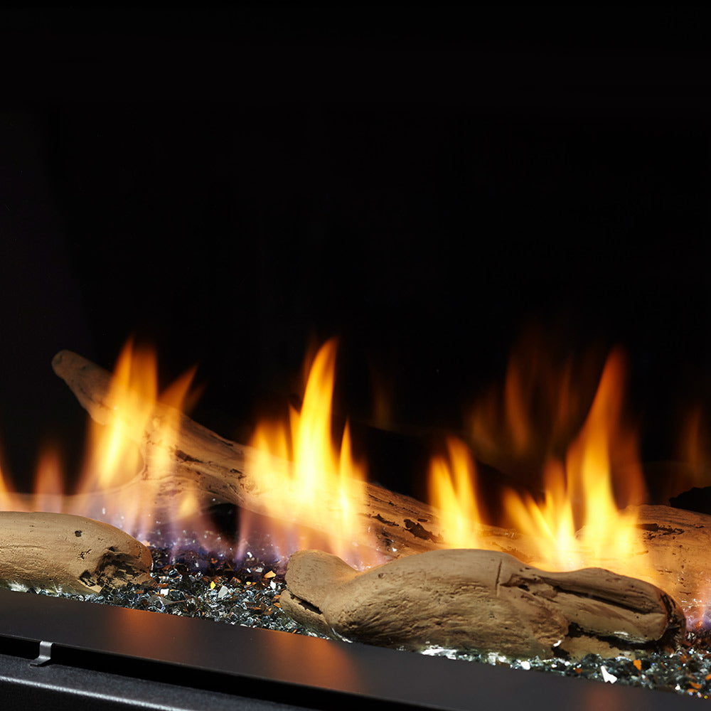 Driftwood log set with glowing flames and ember bed