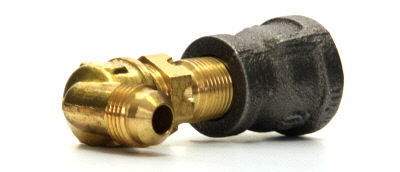 Brass propane adapter fitting with threaded ports and black rubber housing
