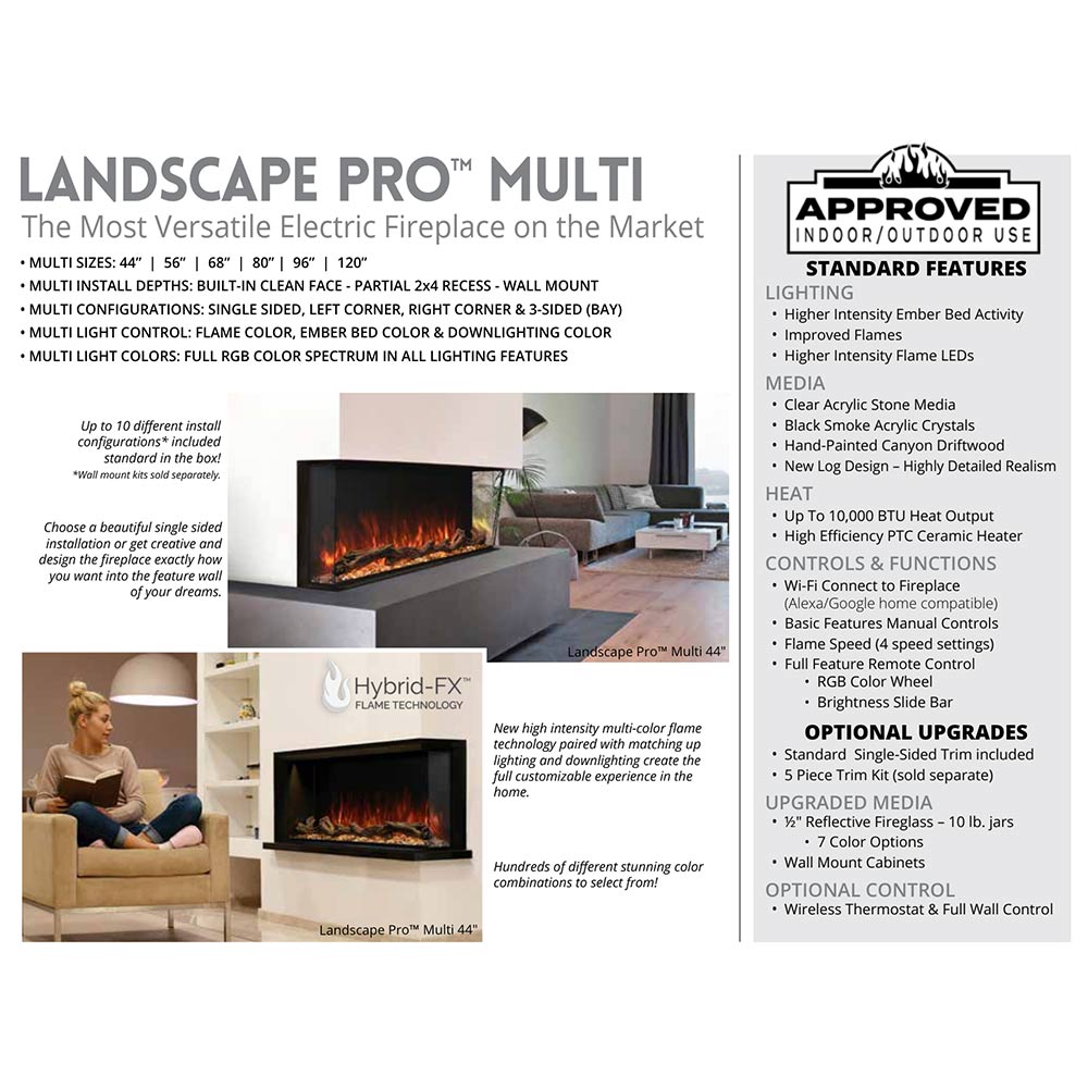 Modern Flames LPM-6816-WMC Landscape Pro Multi 68-Inch Three-Sided Electric Fireplace with Wall Mount Mantel