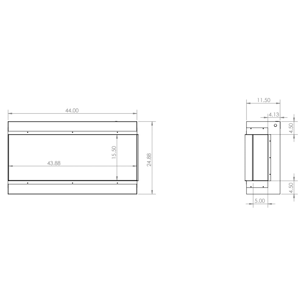 Electric fireplace dimensional drawing showing front width, depth, and height