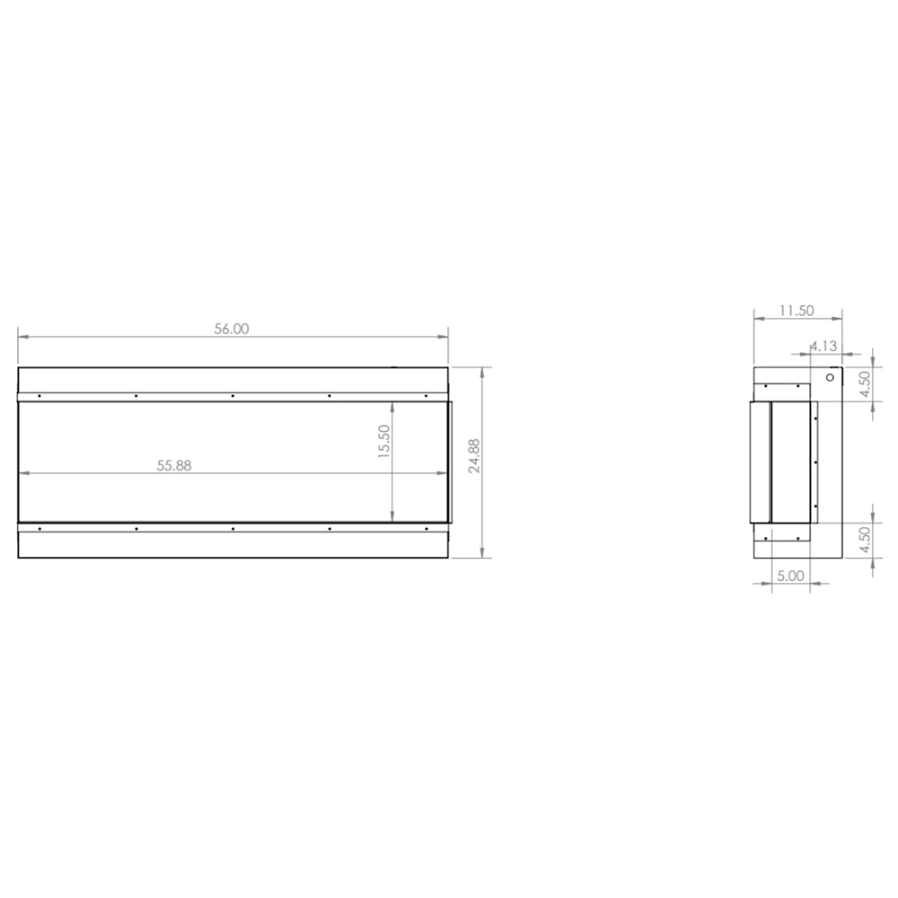 Rectangular built-in electric fireplace insert with side dimensions and silver trim