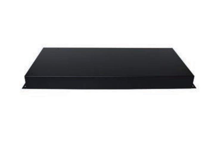 Black metal log riser shelf with raised edge for burner
