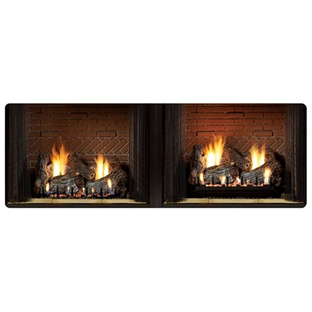 Log riser platform in fireplace insert with burning logs and flames