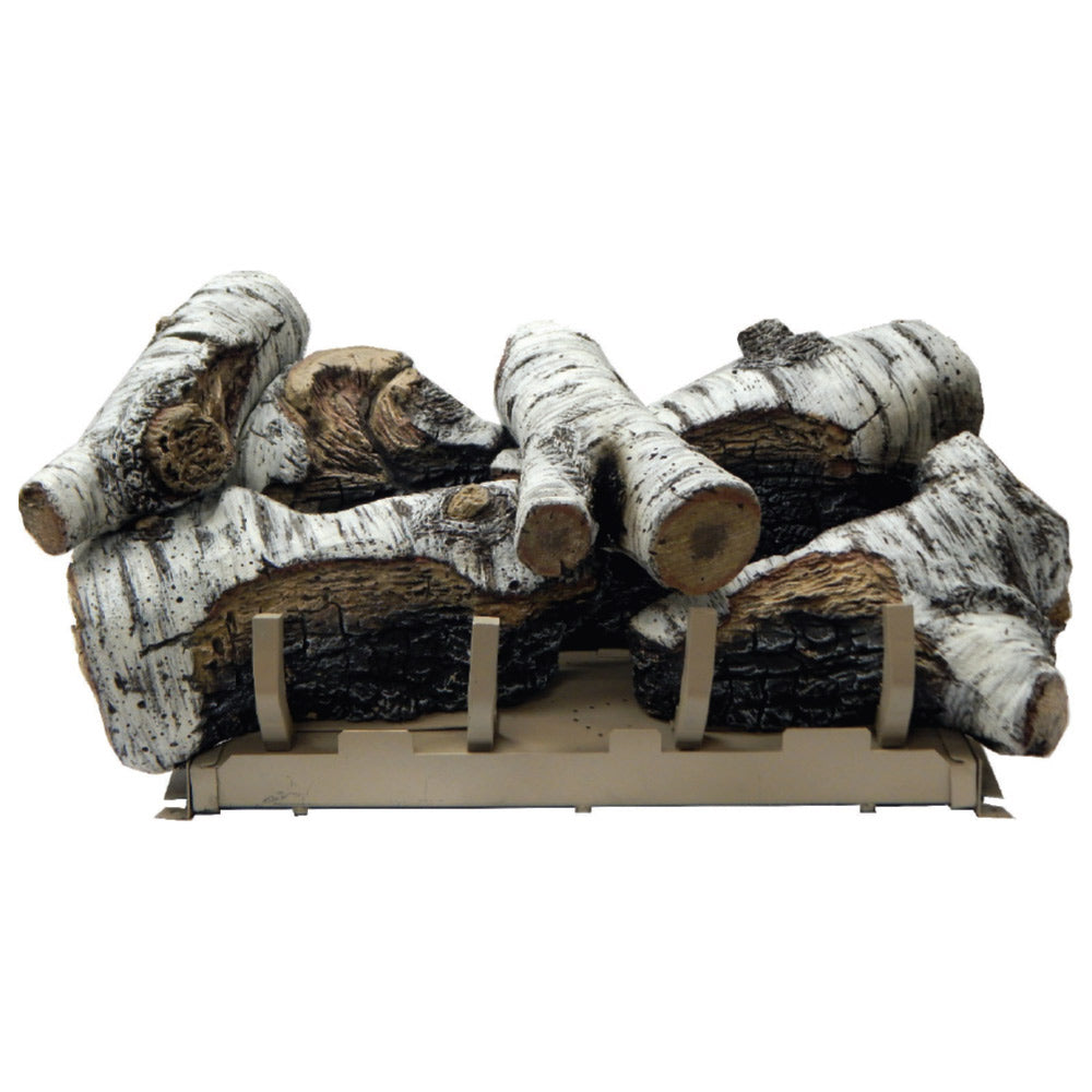 Birch gas logs on a metal burner grate, white and dark charred texture